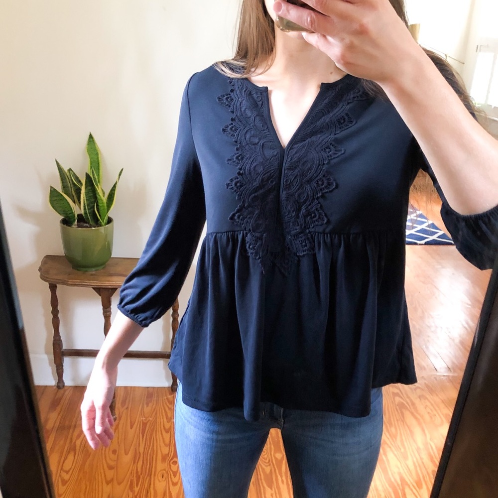 Francesca's Alya Black V Neck Embroidered Blouse